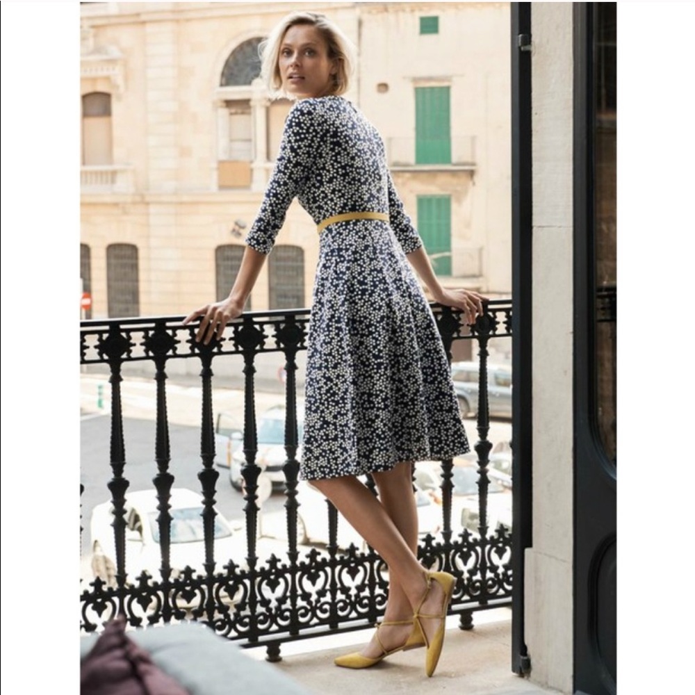 Boden Black and White Floral Midi Dress with Yellow Accents